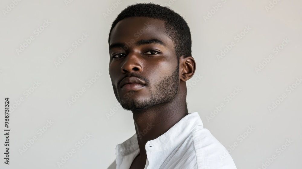 Obraz premium Serene Black Man in White Shirt - Elegant Minimalist Portrait with Soft Lighting on White Background