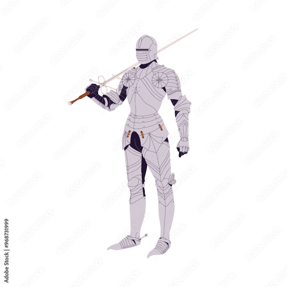 Medieval knight of German in metal armour holds sword. Historical soldier with helmet and blade weapon. Ancient warrior in steel armor standing. Flat isolated vector illustration on white background Medieval knight of German in metal armour holds sword. Historical soldier with helmet and blade weapon. Ancient warrior in steel armor standing. Flat isolated vector illustration on white background