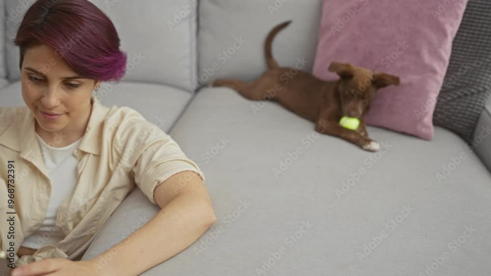 A young woman is sitting on her living room floor using a smartphone while her dog plays with a tennis ball on the couch in their cozy apartment. A young woman is sitting on her living room floor using a smartphone while her dog plays with a tennis ball on the couch in their cozy apartment.