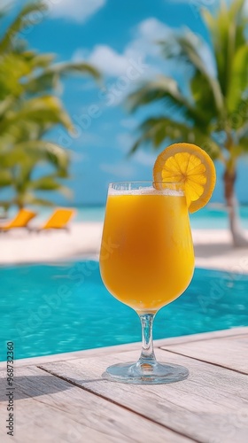 Refreshing orange drink with a slice of lemon, perfect for a tropical beach getaway on a sunny day.