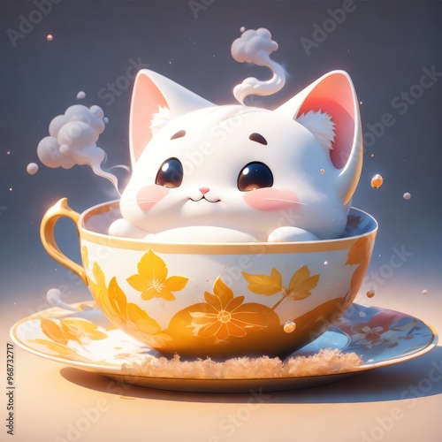 Cute White Kitten in Teacup with Floral Design photo