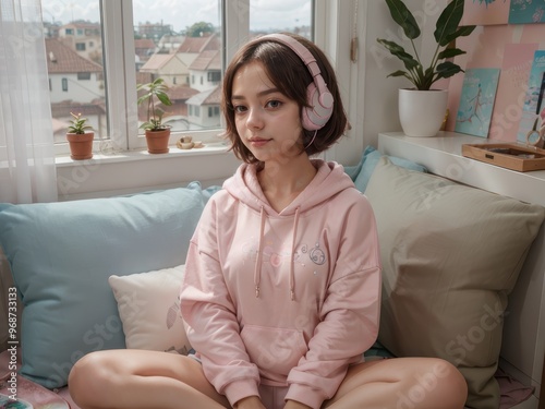 Young Woman Relax in Pink Hooie with Heaphones photo