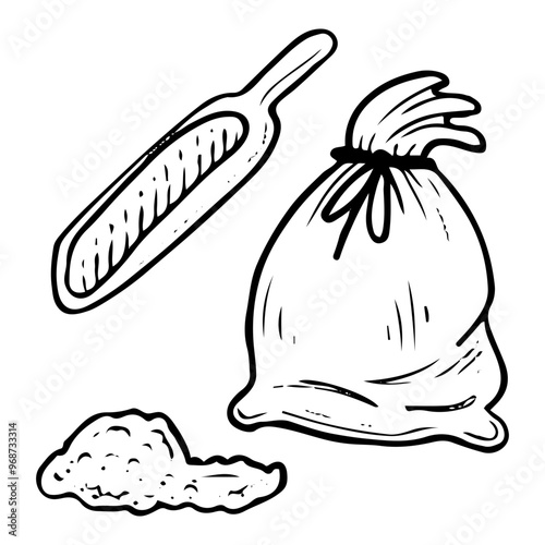 Flour bag hand drawn doodle. Ingredient for dough preparation. Wheat flour. Bulk product. Cloth bag, wooden spoon. Kitchen pantry supplies. Vector sketch line art illustration.