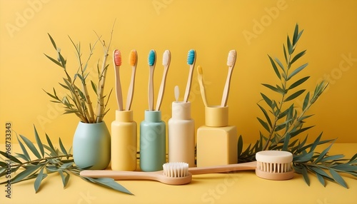 Eco toothbrushes. Bamboo toothbrushes cup, natural soap, plastic free ear sticks, wooden hair brush and white towels on gray stone background