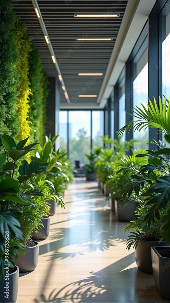 A sustainable corporate environment with lush green plants, employee wellbeing, and ESG, sustainable and nature-friendly corporate environment, environmental responsibility in business, vertical. A sustainable corporate environment with lush green plants, employee wellbeing, and ESG, sustainable and nature-friendly corporate environment, environmental responsibility in business, vertical.