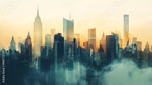 A Cityscape of Tall Buildings with a Hazy Sunset Sky