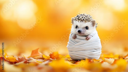 A hedgehog dressed as mummy with tiny bandages sits among autumn leaves, creating whimsical and adorable scene. warm colors evoke cozy, festive atmosphere