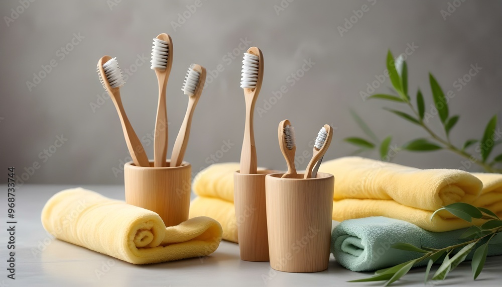 Eco toothbrushes. Bamboo toothbrushes cup, natural soap, plastic free ear sticks, wooden hair brush and white towels on gray stone background Eco toothbrushes. Bamboo toothbrushes cup, natural soap, plastic free ear sticks, wooden hair brush and white towels on gray stone background