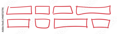 Free hand drawn rectangle frames set. Doodle red rectangular shape. Scribble pencil square text box. Doodle highlighting design elements. Line border. Vector illustration isolated on white background.