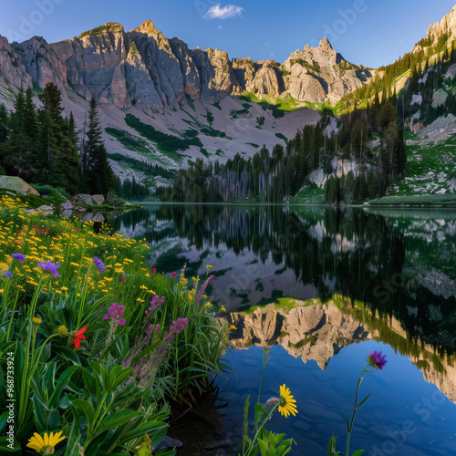 Peaceful Mountain Lake with Crystal-Clear Water Reflecting Towering Cliffs, Surrounded by Wildflowers and Tall Trees in High-Quality 8K photo