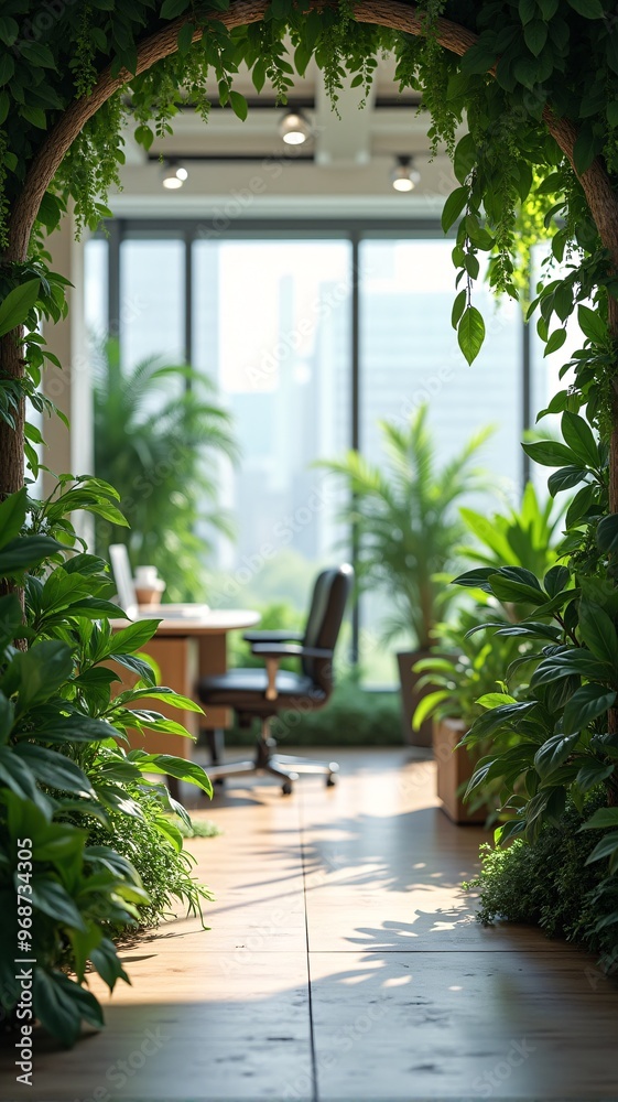 Fototapeta premium A sustainable corporate environment with lush green plants, employee wellbeing, and ESG, sustainable and nature-friendly corporate environment, environmental responsibility in business, vertical.