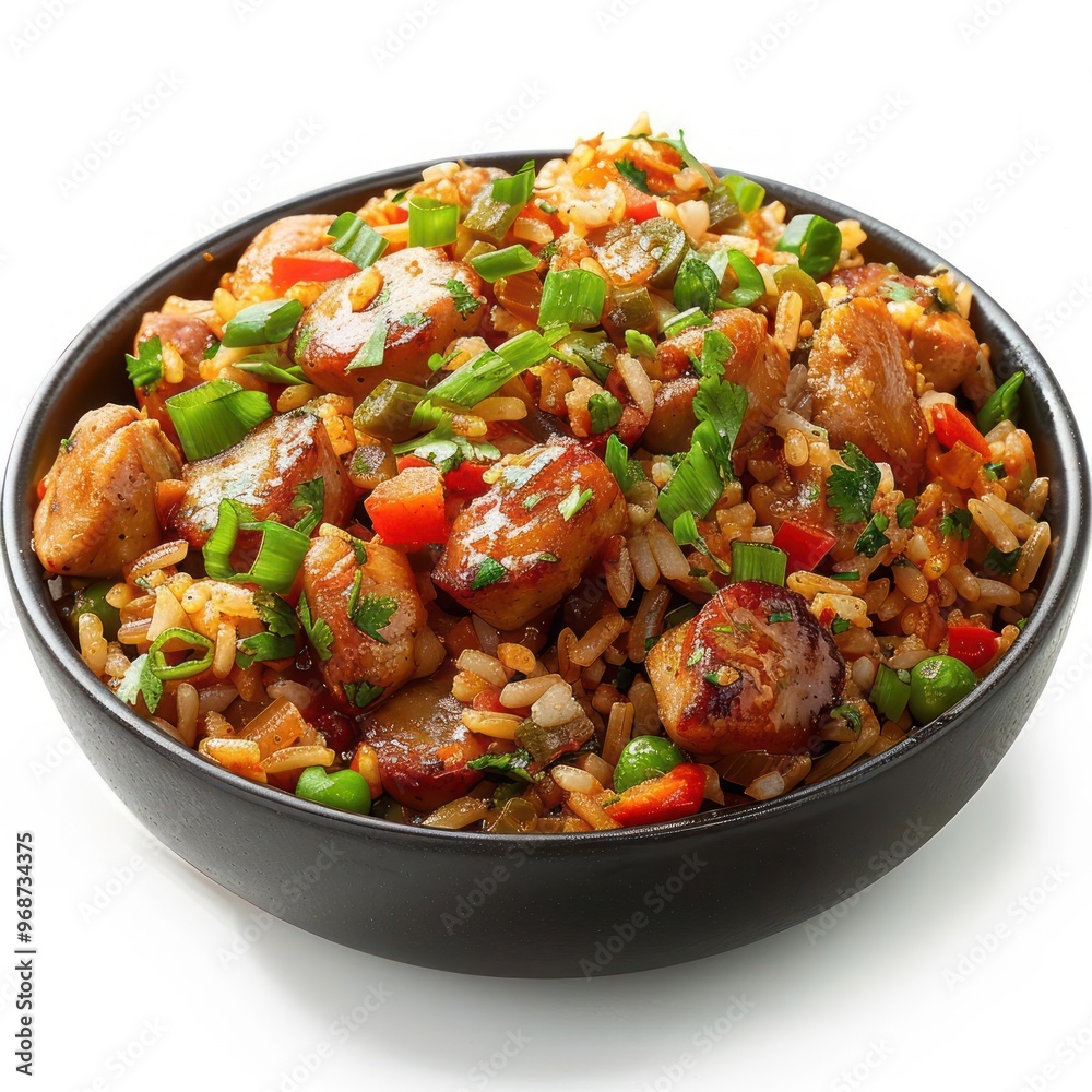 Fototapeta premium A plate of delicious, colorful rice bowl with a variety of ingredients including chicken, peppers,