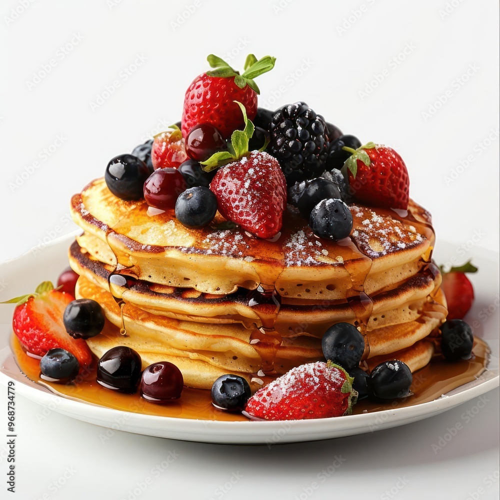 A plate of pancakes topped with fresh berries and a dollop of whipped cream, A plate of pancakes topped with fresh berries and a dollop of whipped cream,
