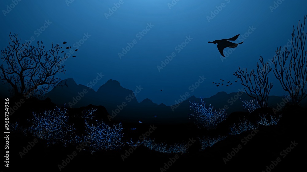 Fototapeta premium A dark blue silhouette of a bird flying over a mountain range and coral reef.
