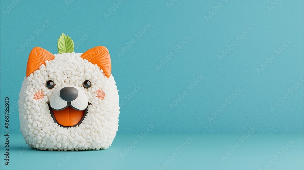 Fototapeta premium Adorable Animal-Shaped Sushi Rolls: Happy dog sushi figurine with leaf garnish on blue background.