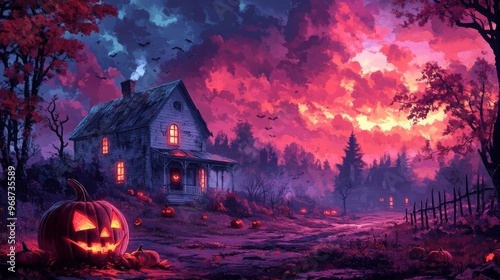 Spooky Halloween Night Scene with a Large Pumpkin in Front of a White House, 2D Game Art Style, Nightcore Atmosphere, UE5 Rendered, Dark Red and Light Purple Palette, Detailed Facial Features on Canva photo