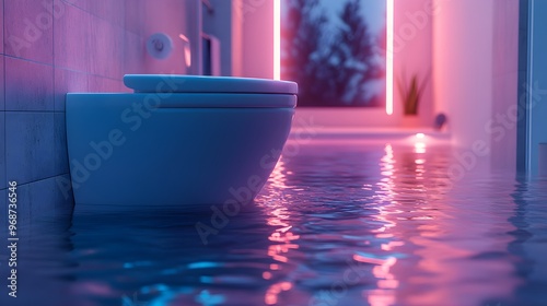 3D rendering of a flooded bathroom, water pooling around a futuristic toilet, soft neon lights reflecting off the water, highlighting the importance of home insurance coverage in a high-tech world photo