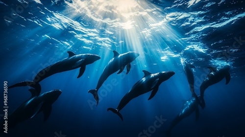 A pod of dolphins swim in the ocean, silhouetted against the sun's rays breaking through the surface.