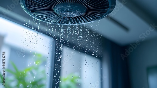 A ceiling fan dripping with water, droplets scattering into the room, representing flood damage and the necessity of home insurance photo