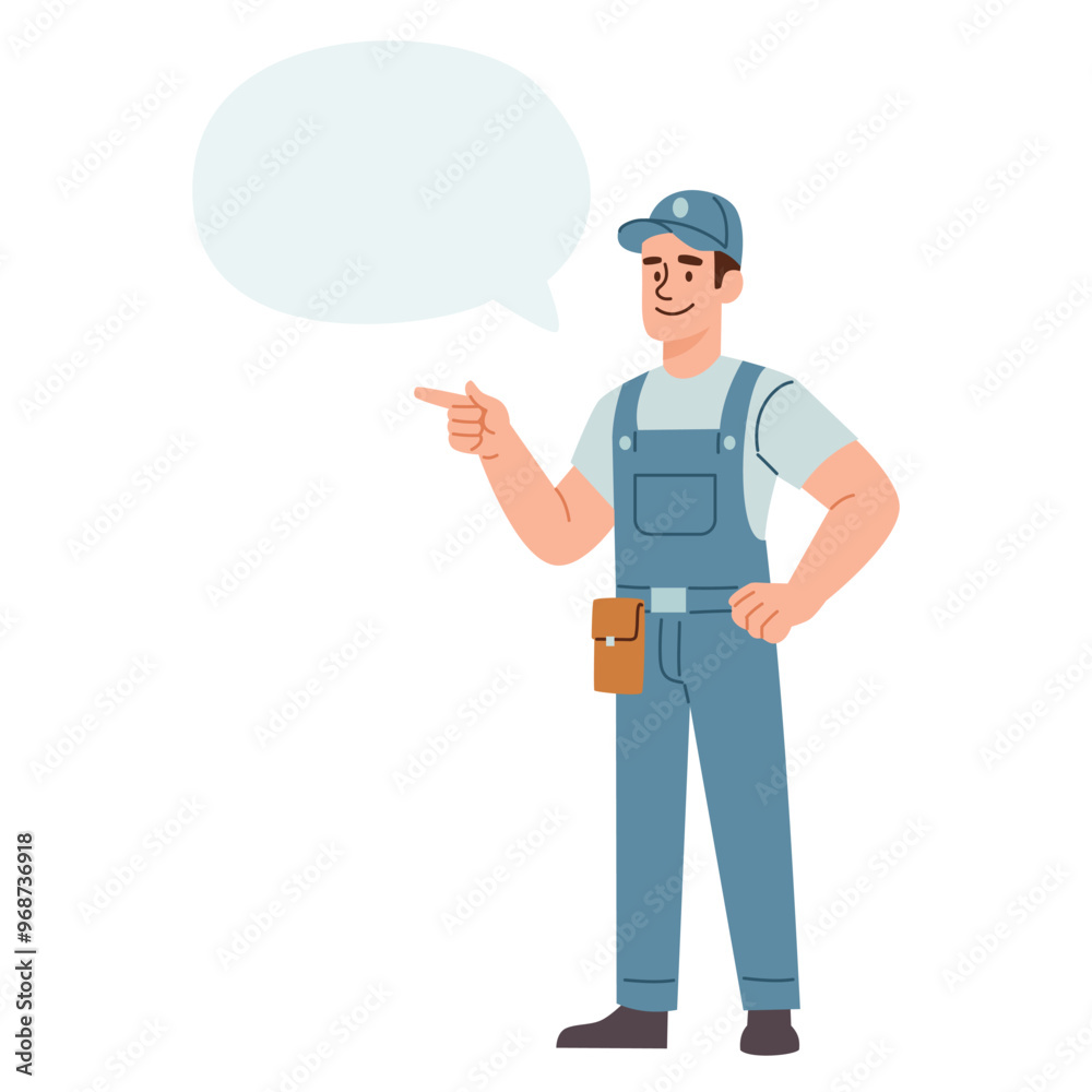 Flat vector illustration. Man plumber pointing at something with finger, white background. A speech bubble and a place for your text . Vector illustration Flat vector illustration. Man plumber pointing at something with finger, white background. A speech bubble and a place for your text . Vector illustration