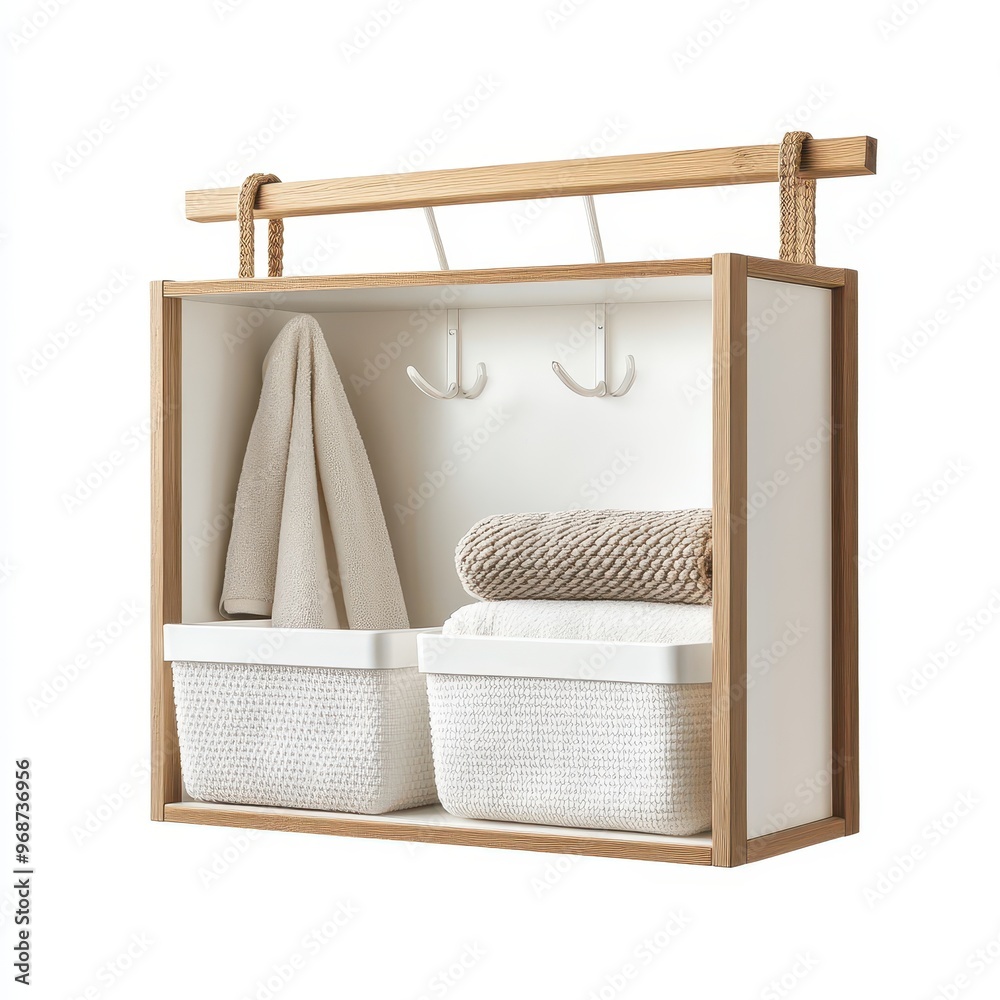 A stylish wall-mounted storage unit with hooks, baskets, and towels for organized space. A stylish wall-mounted storage unit with hooks, baskets, and towels for organized space.