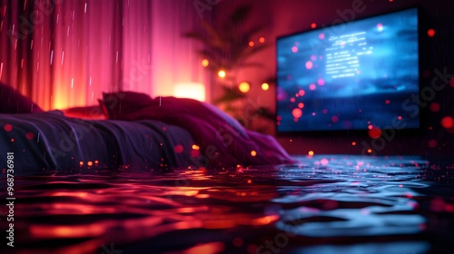 A chaotic scene of a flooded bedroom, water stains spreading on walls, holographic display showing an insurance claim being processed, Sci-fi, Hologram, High-tech, Dramatic lighting photo