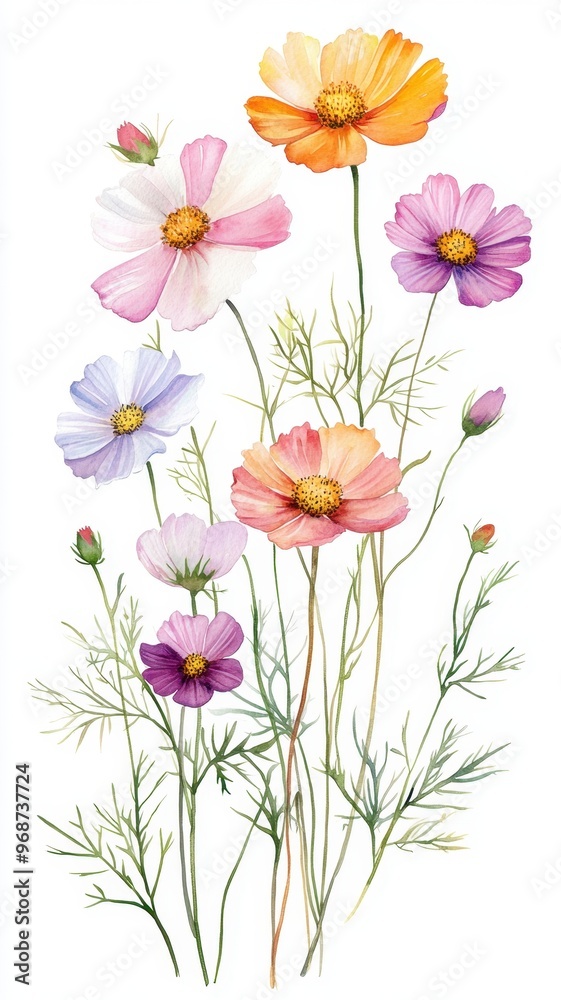 Naklejka premium Watercolor Illustration set of Pink cosmos flowers on a white background,spring summer nature,Vibrant pink cosmos blooming,Children's card,banner,raindrops drawn by hand.