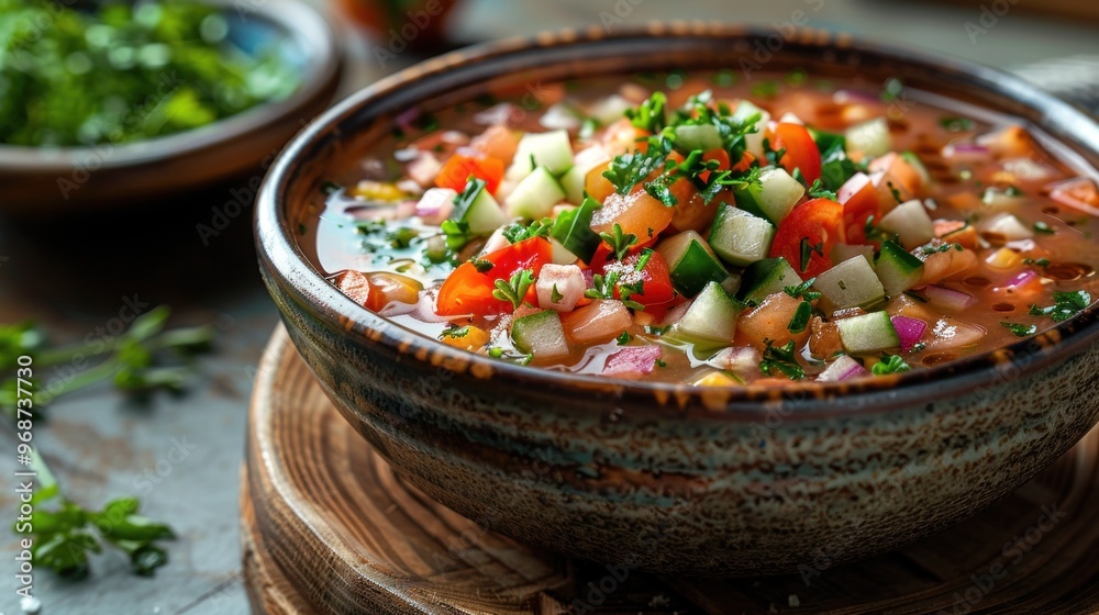A classic bowl of Spanish gazpacho, garnished with diced vegetables and served cold, on a bright summer table A classic bowl of Spanish gazpacho, garnished with diced vegetables and served cold, on a bright summer table