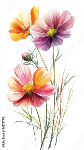 Watercolor Illustration set of Pink cosmos flowers on a white background,spring summer nature,Vibrant pink cosmos blooming,Children's card,banner,raindrops drawn by hand.