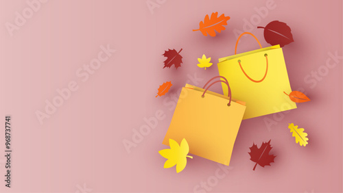 Shopping bag with colorful leaves in Autumn. Autumn sale banner. Autumn season. paper cut and craft style. vector, illustration.