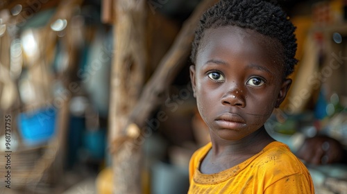 A child with a hungry gaze, standing in front of an old and worn-out food kitchen in a hungry African village photo