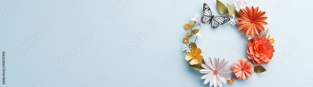 Floral Wreath Design, A round frame adorned with abstract cut paper flowers, featuring roses, daisies, dahlias, and butterflies in pastel colors, ideal for a simple card template. Floral Wreath Design, A round frame adorned with abstract cut paper flowers, featuring roses, daisies, dahlias, and butterflies in pastel colors, ideal for a simple card template.