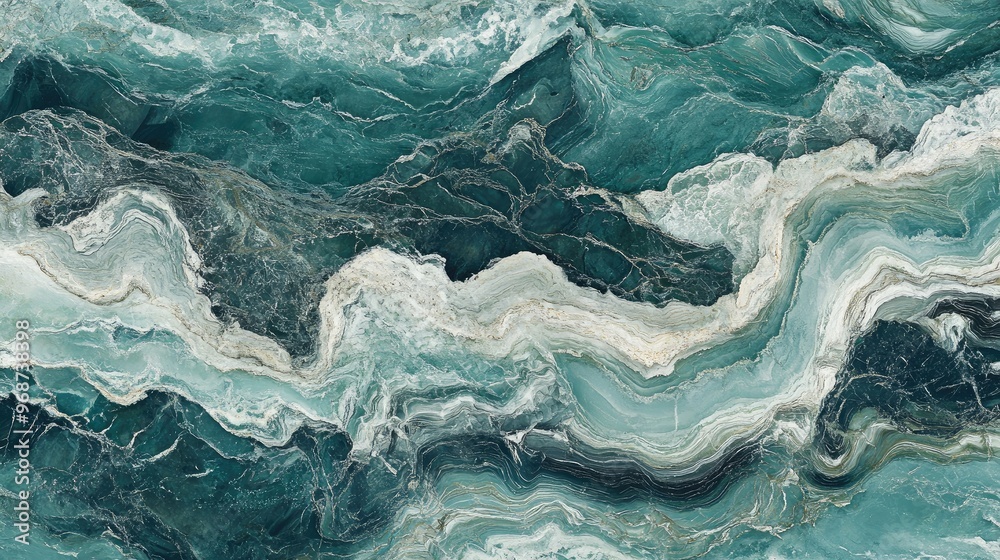 Blue-green marble with white veins and silver accents, resembling ocean waves in texture. No people. No logo. Blue-green marble with white veins and silver accents, resembling ocean waves in texture. No people. No logo.