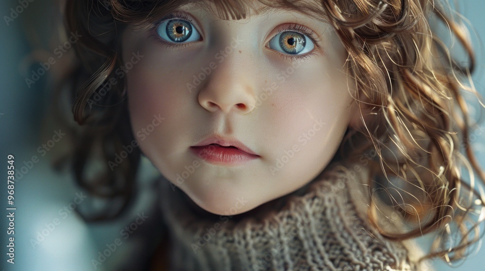 A child with a curious expression, head tilted and eyes wide