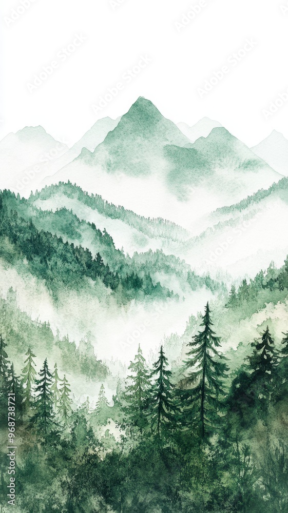 Fototapeta premium Watercolor of landscape forest misty mountains horizon and fog and hills,pine tree fir tree,Autumn forest background,drawn by hand,Autumn illustration design elements for landscape,wallpaper.