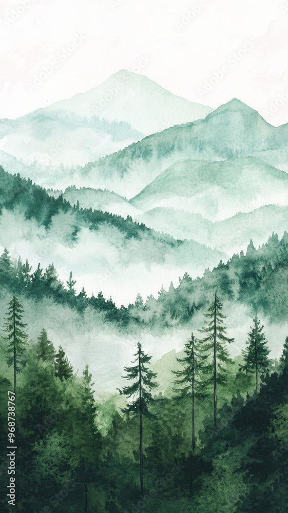 Fototapeta premium Watercolor of landscape forest misty mountains horizon and fog and hills,pine tree fir tree,Autumn forest background,drawn by hand,Autumn illustration design elements for landscape,wallpaper.