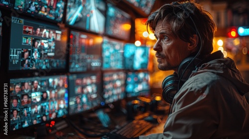 A cinematographer in a control room, coordinating multiple cameras during a live broadcast or multicamera shoot, with a wall of monitors displaying different angles