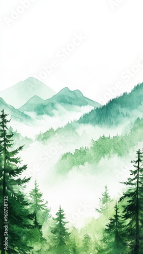 Watercolor of landscape forest misty mountains horizon and fog and hills,pine tree fir tree,Autumn forest background,drawn by hand,Autumn illustration design elements for landscape,wallpaper.