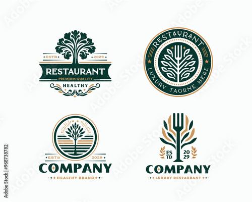 Set bundle vegan healthy green restaurant logo for food business company