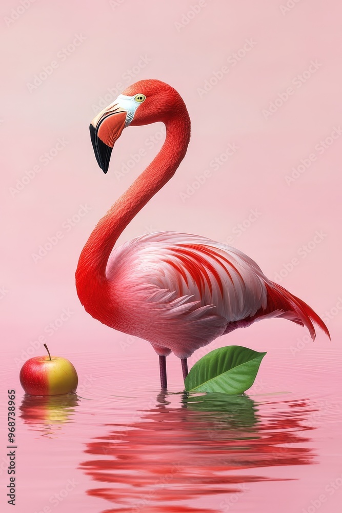 Obraz premium Pink Flamingo in Water with Apple and Green Leaf