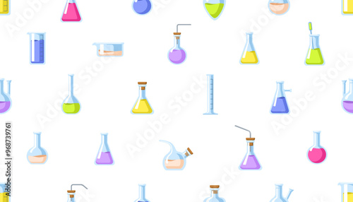 Seamless pattern, laboratory glassware. Endless chemistry background with glass flasks, beakers, tubes. Repeating print, chemical reagents. Flat vector illustration for textile, wrapping, wallpaper