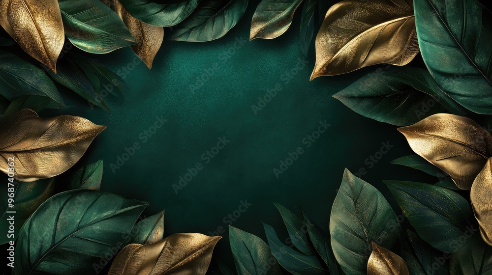 custom made wallpaper toronto digitalElegant green and gold leaf clusters framing a light space for text, suitable for greeting cards. No people. No logo.