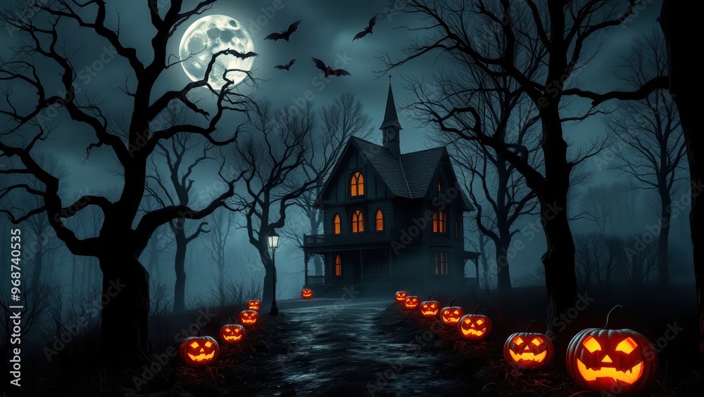 Spooky Haunte House with Jack O Lanterns on Halloween Night Spooky Haunte House with Jack O Lanterns on Halloween Night