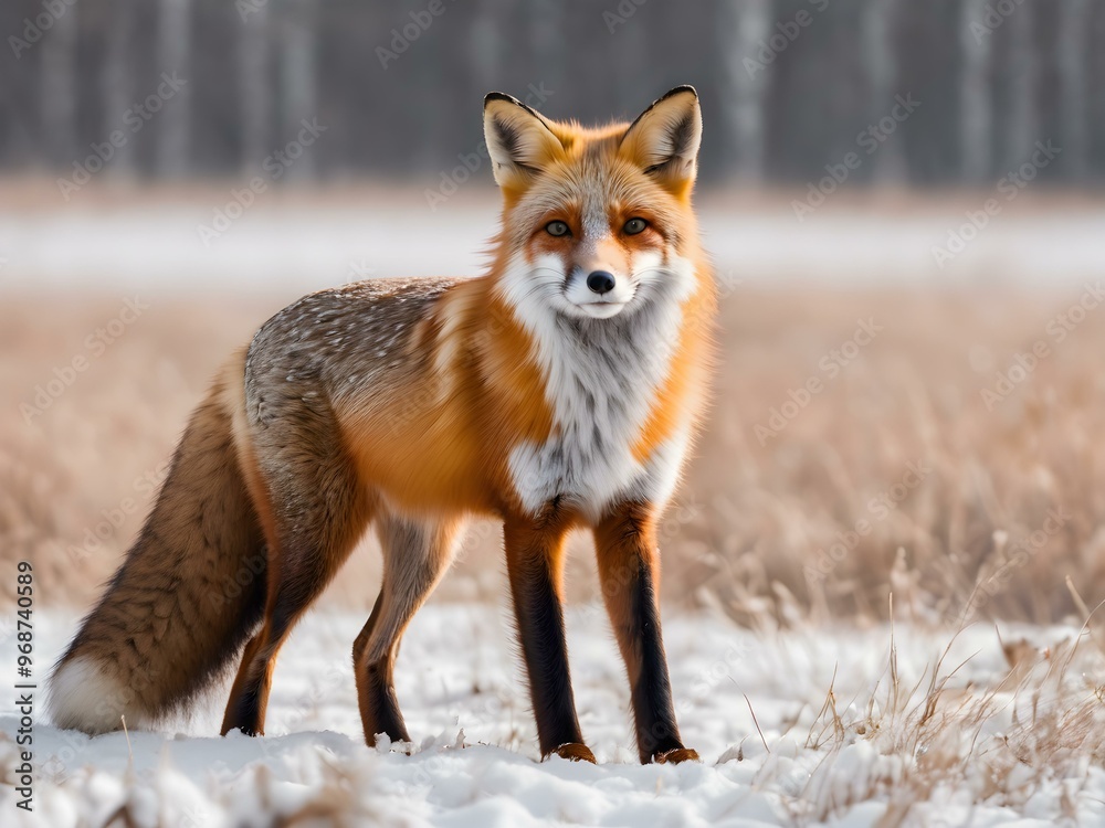 Fototapeta premium Red fox in a snow-covered field with most of the scene in soft whites