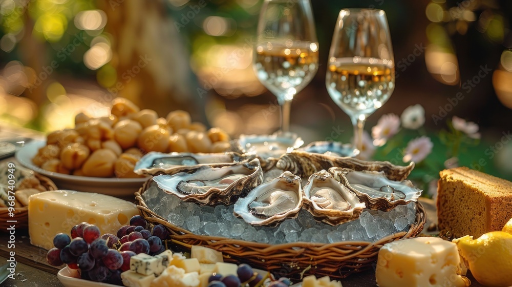 A casual picnic setting with oysters, wine, and a variety of fresh fruits and cheeses. A casual picnic setting with oysters, wine, and a variety of fresh fruits and cheeses.