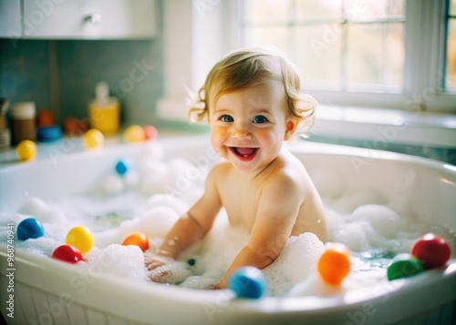 1 year old toddler enjoys bathing in the bathtub, A baby is playing with rubber ducks in the bathtub. The baby is holding one duck in each hand and splashing water. The scene is playful and fun, with 