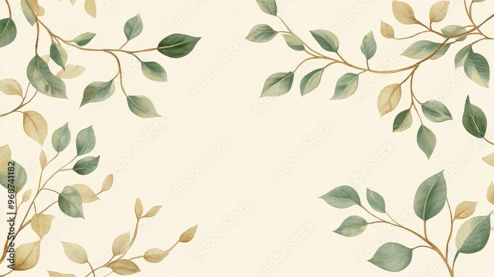 Green leaf and gold branch pattern, arranged in a flowing curve over a cream background, perfect for cards. No people. No logo.