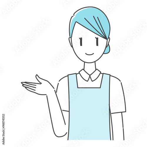 モノカラー・青、寒色系、エプロン姿、笑顔で案内する歯科助手・歯科衛生士の女性スタッフ