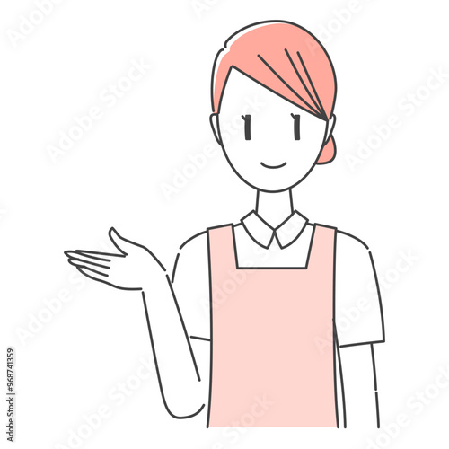 モノカラー・赤、暖色系、エプロン姿、笑顔で案内する歯科助手・歯科衛生士の女性スタッフ