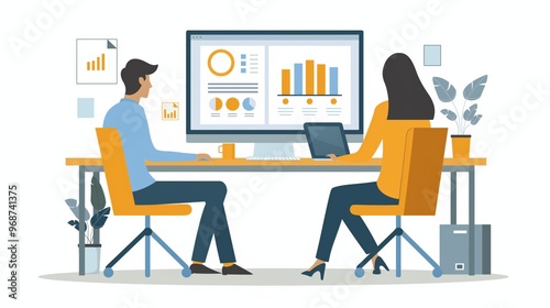 flat design style illustration of two people working together on computer with big screen showing analysis chart